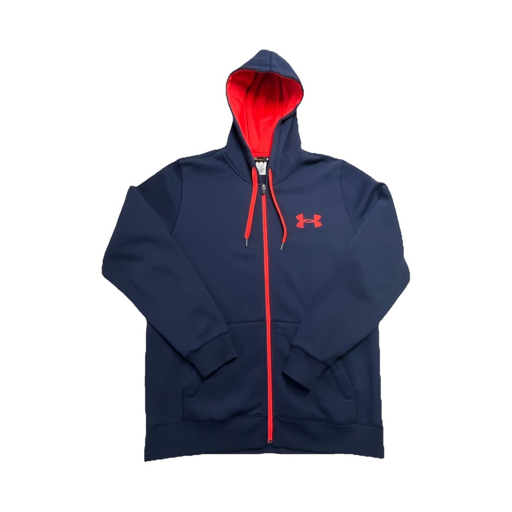 Under Armour Men's Navy Red Full Zip Hoodie Loose Fit Long Sleeve Pockets Size L